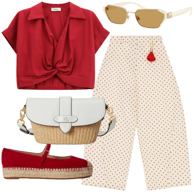 Outfit donna - Summer. Stile Casual per Tutti i giorni. Abbinamento con top, pantaloni, espadrillas, borse a spalla, occhiali da sole.