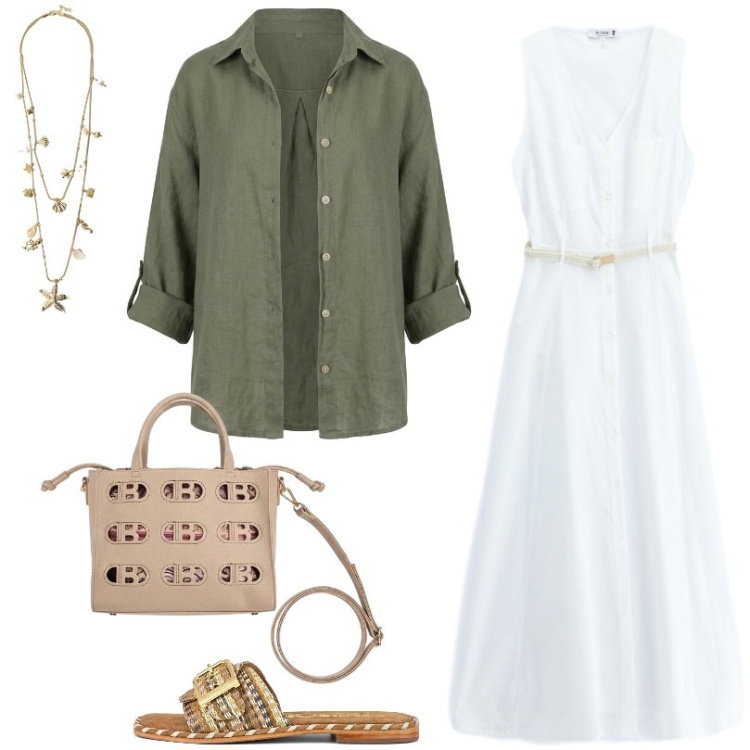 Outfit donna - L\'estate si porta al collo. Stile Casual per Tutti i giorni. Abbinamento con vestiti lunghi, collane, camicie, ciabatte, borse a mano.