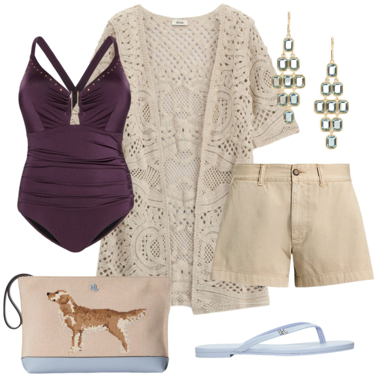Outfit donna - Total look #2427997. Stile Casual chic per Mare. Abbinamento con cardigans, costumi interi, shorts, ciabatte, orecchini, pochette.