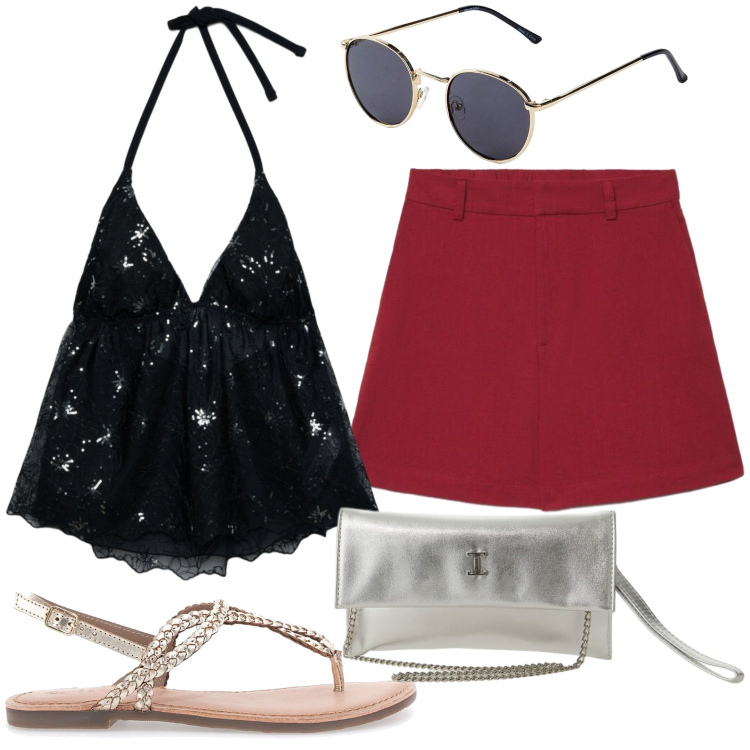 Outfit donna - Rosso e nero. Stile Glamour per Serata fuori. Abbinamento con occhiali da sole, top, bermuda, borse a tracolla, sandali.