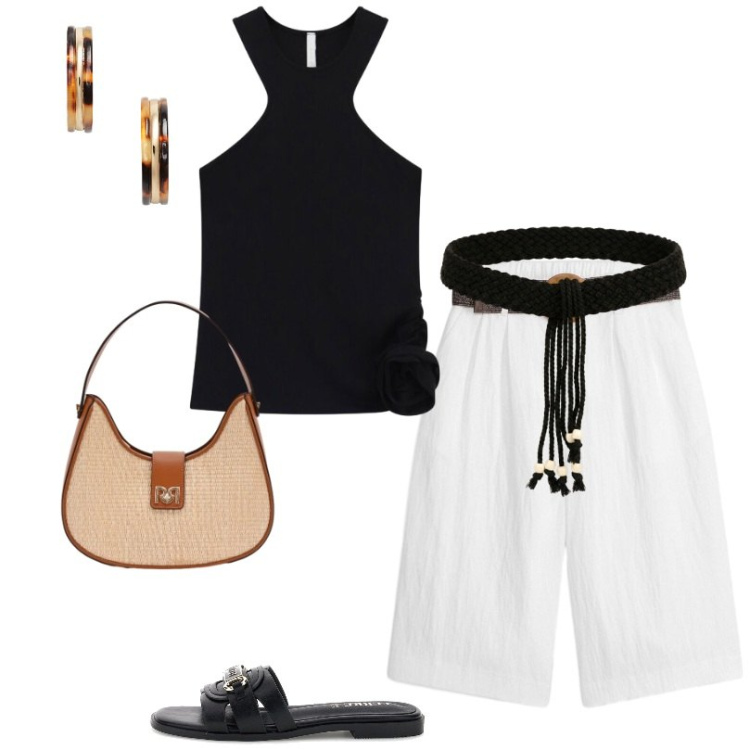 Outfit donna - Collezione estiva. Stile Trendy per Tutti i giorni. Abbinamento con bermuda, borse a spalla, top, cinture, orecchini, ciabatte.