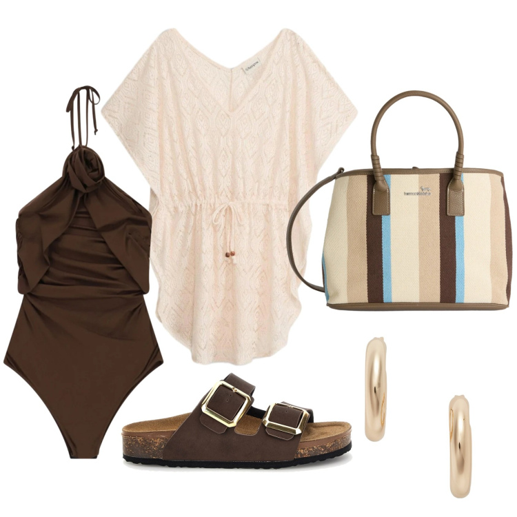 Outfit donna - Direzione spiaggia. Stile Glamour per Mare. Abbinamento con vestiti da spiaggia, shopping bag, costumi interi, orecchini, ciabatte.