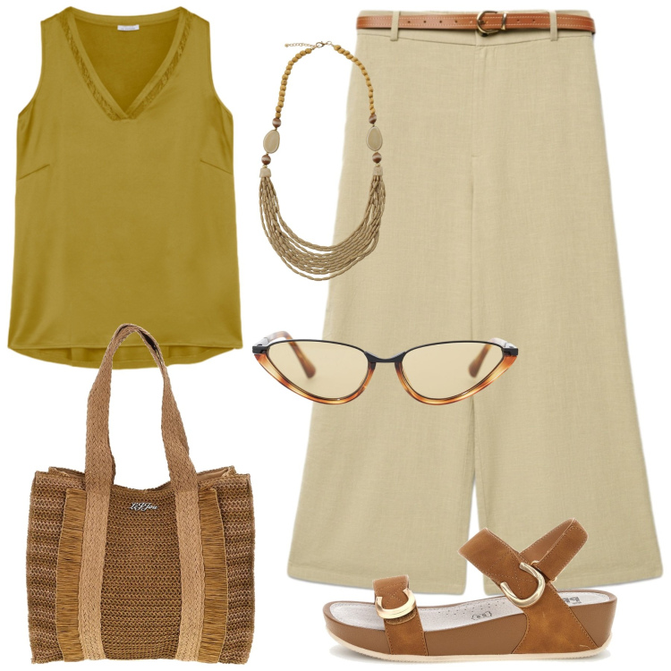Outfit donna - Estate con stile. Stile Casual chic per Tutti i giorni. Abbinamento con pantaloni a palazzo, occhiali da sole, collane, top, sandali, borse a spalla.