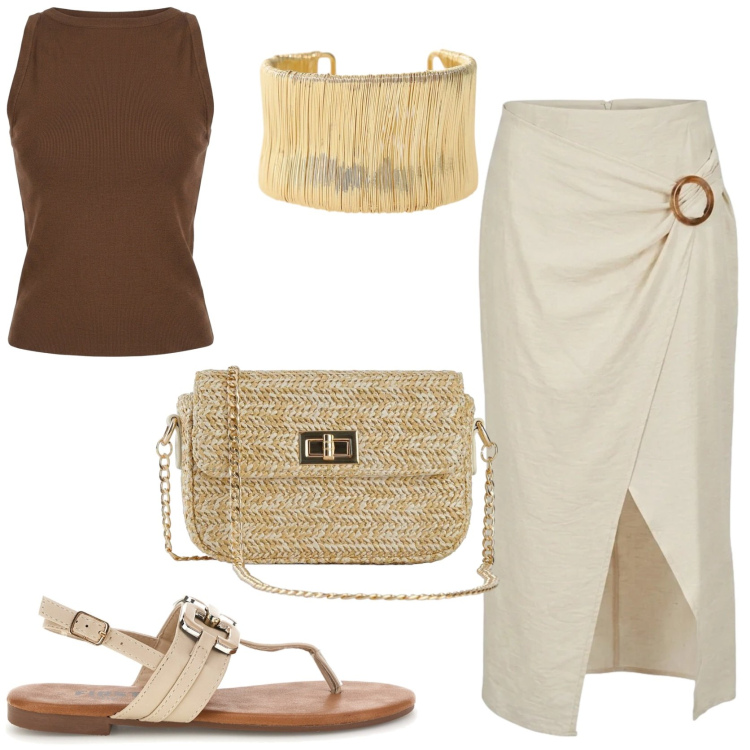 Outfit donna - Stilosa. Stile Chic per Tutti i giorni. Abbinamento con borse a tracolla, braccialetti, canottiere, gonne longuette, sandali.