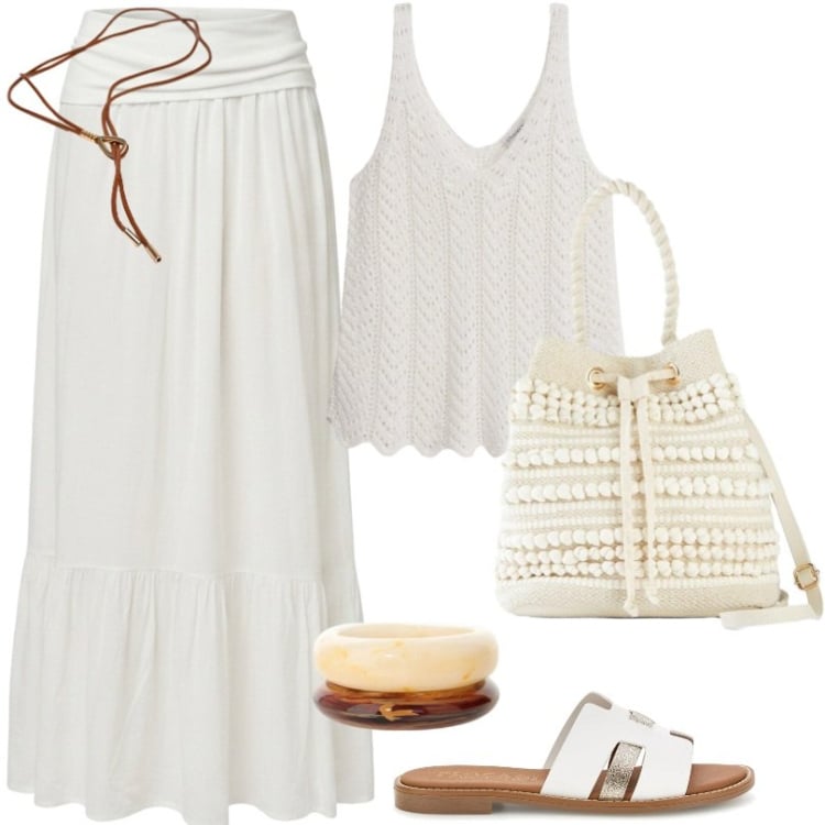 Outfit donna - Borsa a secchiello con lavorazione. Stile Boho per Tutti i giorni. Abbinamento con canottiere, borse a secchiello, braccialetti, gonne lunghe, cinture, ciabatte.