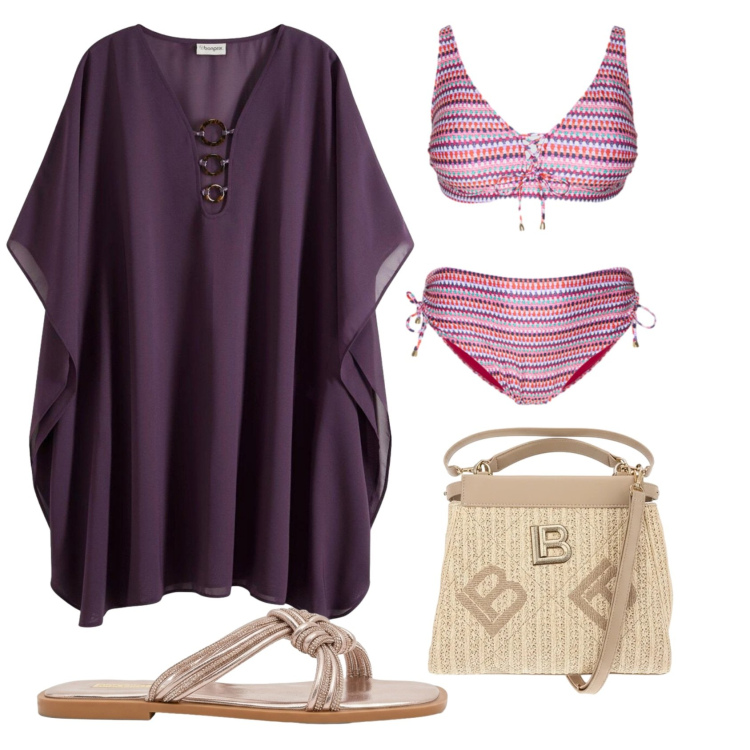 Outfit donna - Pranzo sulla terrazza del lido. Stile Casual chic per Mare. Abbinamento con vestiti da spiaggia, sandali, bikini, borse a tracolla.