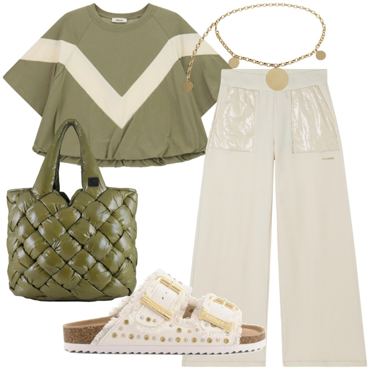 Outfit donna - Leggerezza. Stile Casual per Tutti i giorni. Abbinamento con t-shirt, cinture, pantaloni, borse tote, sandali.