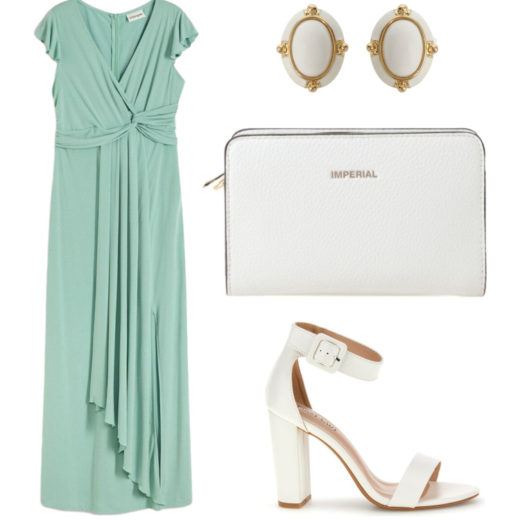 Outfit donna - Cerimonia acquamarina. Stile Glamour per Cerimonia. Abbinamento con vestiti lunghi, orecchini, borse a tracolla, sandali col tacco.