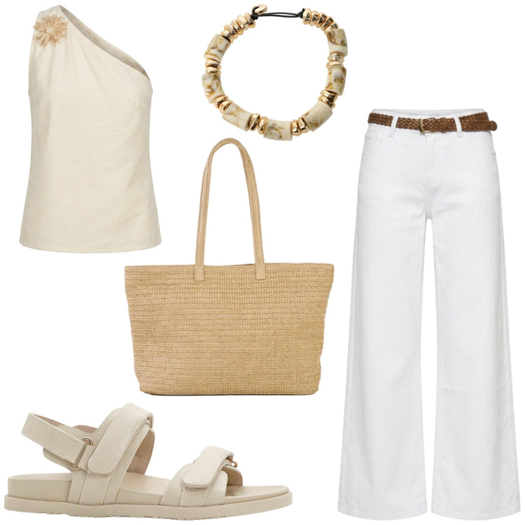 Outfit donna - Bianco e beige chic. Stile Chic per Tutti i giorni. Abbinamento con sandali, shopping bag, braccialetti, pantaloni, top.