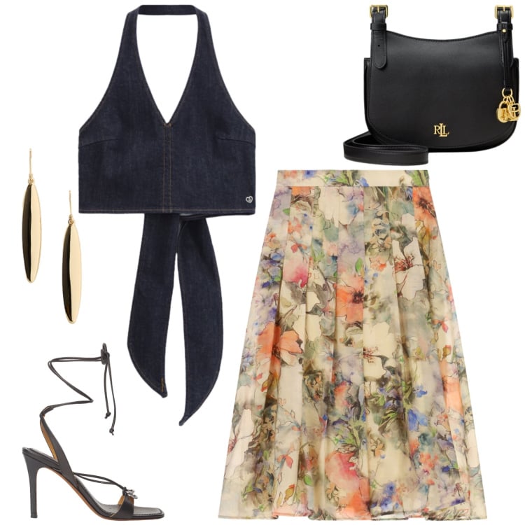 Outfit donna - Total look #2428014. Stile Casual chic per Serata fuori. Abbinamento con top, gonne longuette, borse a tracolla, sandali in pelle, orecchini.