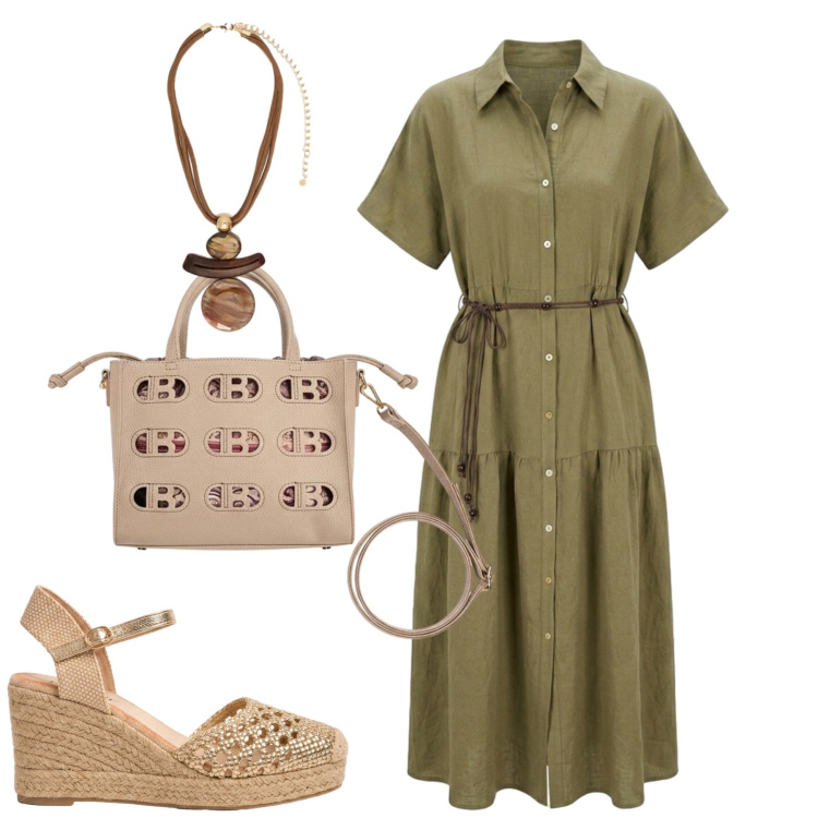 Outfit donna - Summer sale. Stile Casual chic per Tutti i giorni. Abbinamento con ciondoli, vestiti chemisier, espadrillas, borse a mano.