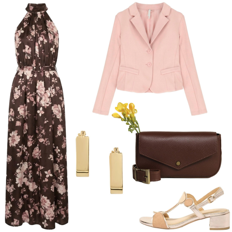 Outfit donna - Ufficio Summer Style. Stile Chic per Ufficio. Abbinamento con sandali col tacco, borse a tracolla, blazer, vestiti lunghi, orecchini.