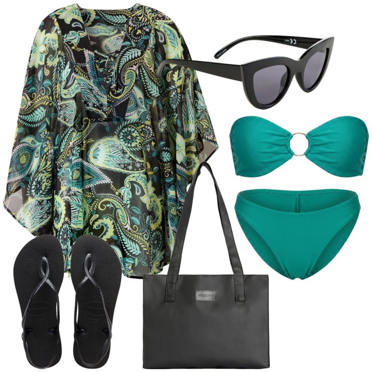 Outfit donna - Sunset. Stile Chic per Mare. Abbinamento con occhiali da sole, vestiti da spiaggia, shopping bag, bikini, bikini, ciabatte.