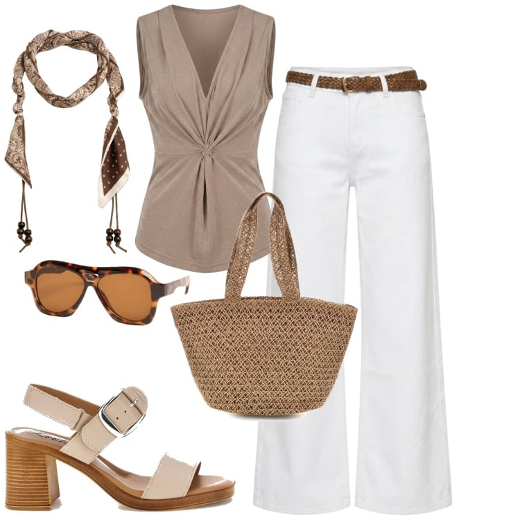 Outfit donna - Summer sale style. Stile Casual chic per Tutti i giorni. Abbinamento con top, pantaloni, occhiali da sole, foulard, sandali col tacco, borse a spalla.
