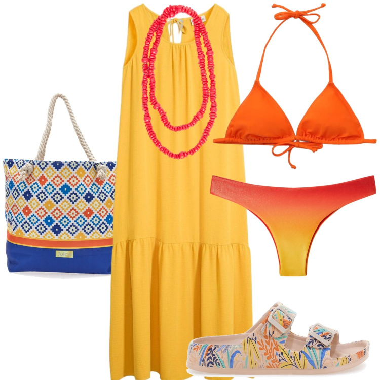 Outfit donna - Mare e sole. Stile Casual per Mare. Abbinamento con vestiti lunghi, bikini, bikini, collane, ciabatte, shopping bag.