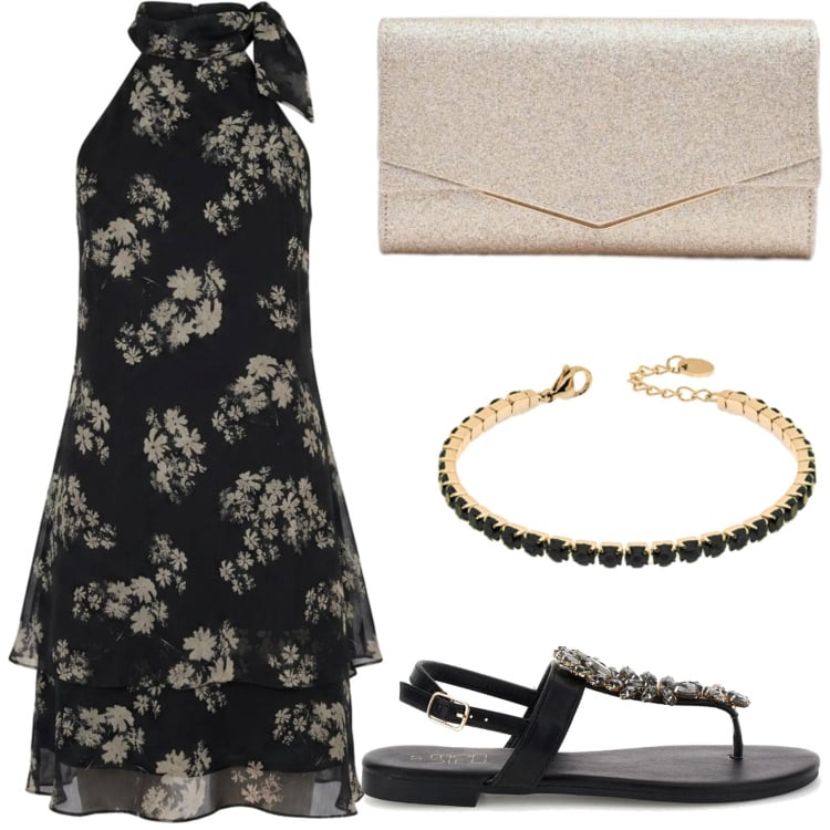 Outfit donna - Cerimonia estiva. Stile Trendy per Cerimonia. Abbinamento con clutch, braccialetti, vestiti corti, sandali gioiello.