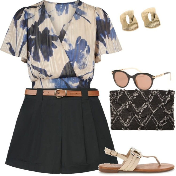 Outfit donna - Pochette in denim jacquard a rombi. Stile Casual chic per Serata fuori. Abbinamento con shorts, orecchini, bluse, occhiali da sole, clutch, sandali.