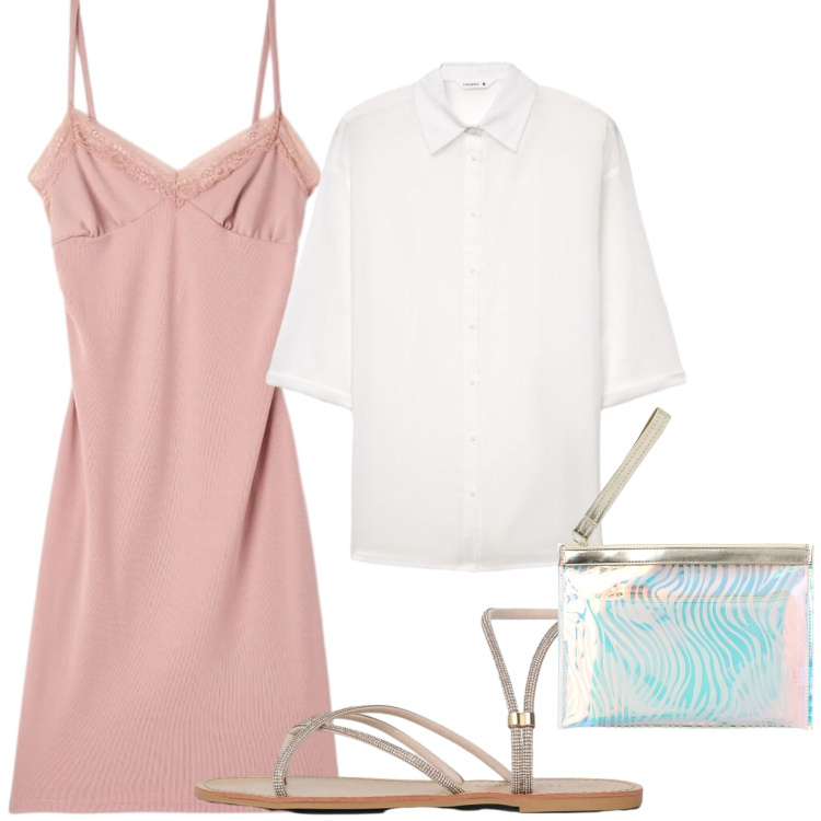 Outfit donna - Aperitivo Easy. Stile Glamour per Serata fuori. Abbinamento con vestiti a tubino, pochette, sandali, camicie a manica corta.