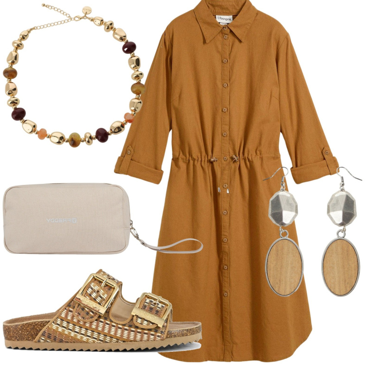 Outfit donna - Total look #2428026. Stile Casual per Tutti i giorni. Abbinamento con vestiti chemisier, collane, orecchini, valigie, sandali.