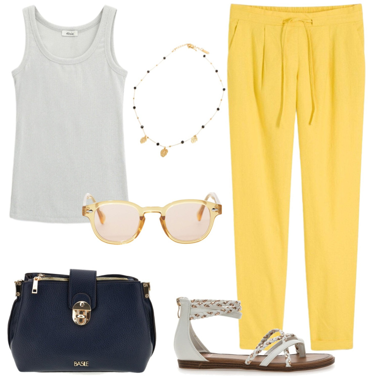 Outfit donna - Casual, ma un pò sofisticato. Stile Chic per Tutti i giorni. Abbinamento con pantaloni, occhiali da sole, top, collane, borse a tracolla, sandali.