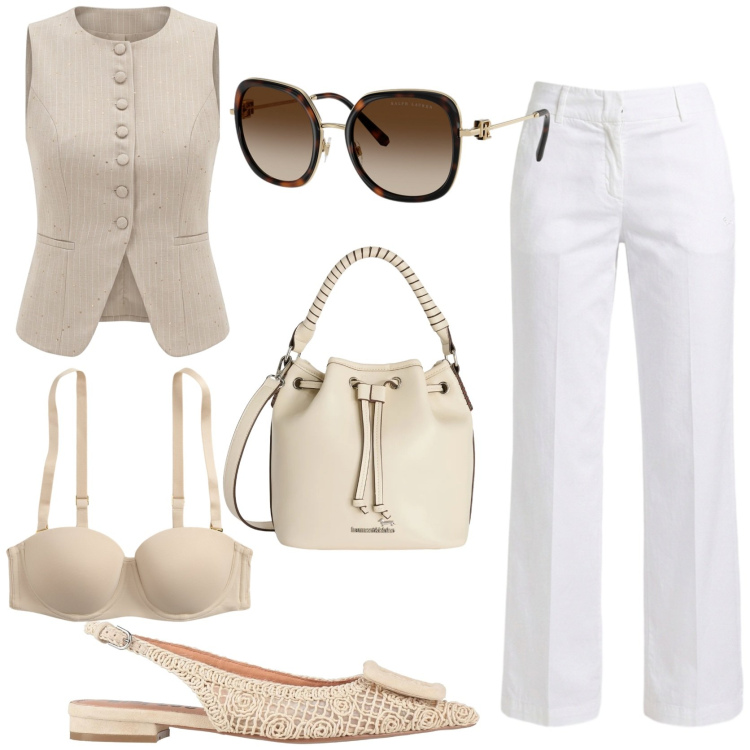 Outfit donna - Bianco e beige chic in città. Stile Chic per Tutti i giorni. Abbinamento con ballerine, pantaloni, borse a secchiello, reggiseni, occhiali da sole, gilet.