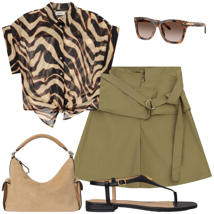 Outfit donna - Luglio. Stile Casual chic per Tutti i giorni. Abbinamento con camicie a manica corta, bermuda, sandali in pelle, borse a spalla, occhiali da sole.