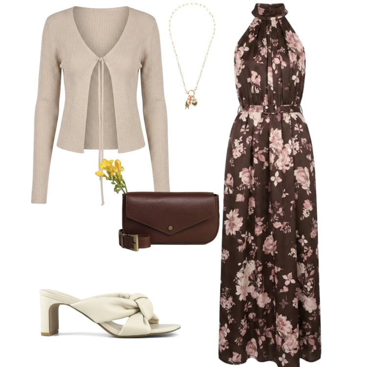 Outfit donna - Chic ufficio tempo libero. Stile Chic per Tutti i giorni. Abbinamento con borse a tracolla, ciondoli, vestiti lunghi, cardigans, sandali col tacco.