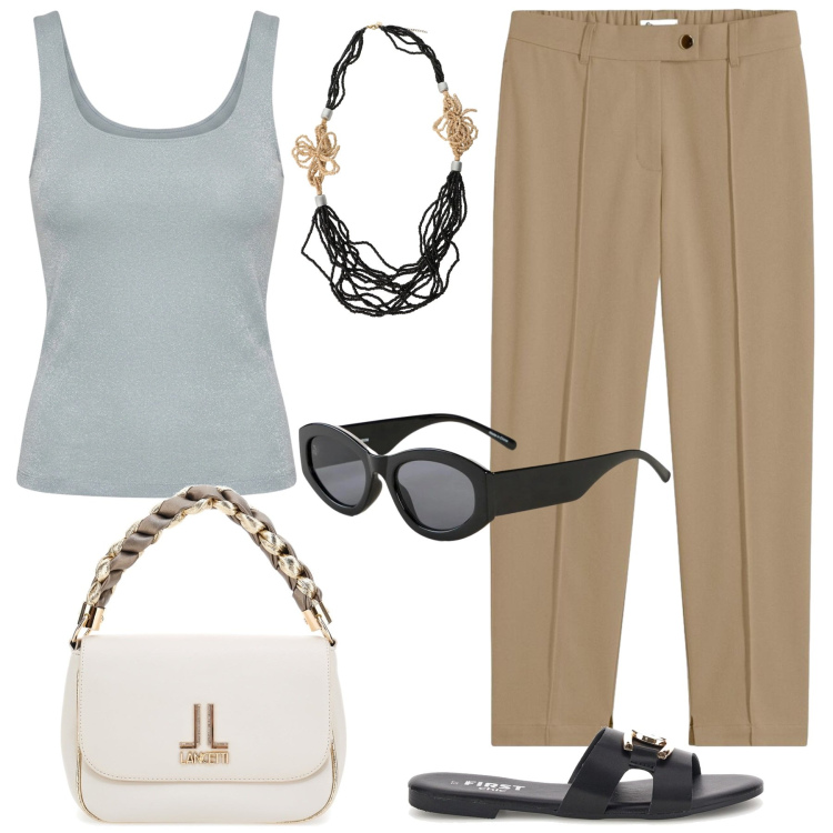 Outfit donna - Summer style. Stile Casual chic per Tutti i giorni. Abbinamento con pantaloni, occhiali da sole, collane, canottiere, borse a tracolla, ciabatte.
