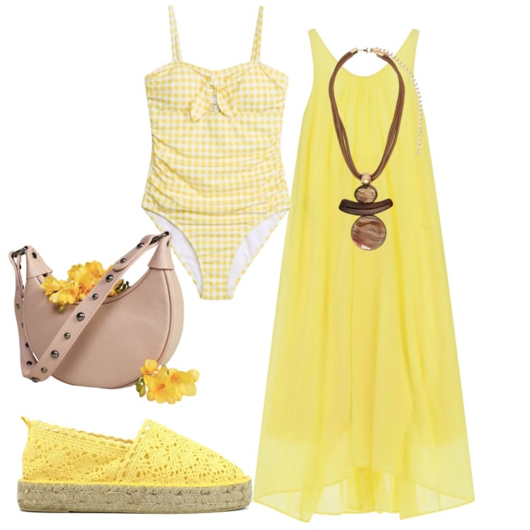Outfit donna - Mare. Stile Casual per Mare. Abbinamento con costumi interi, ciondoli, borse a spalla, vestiti lunghi, espadrillas.