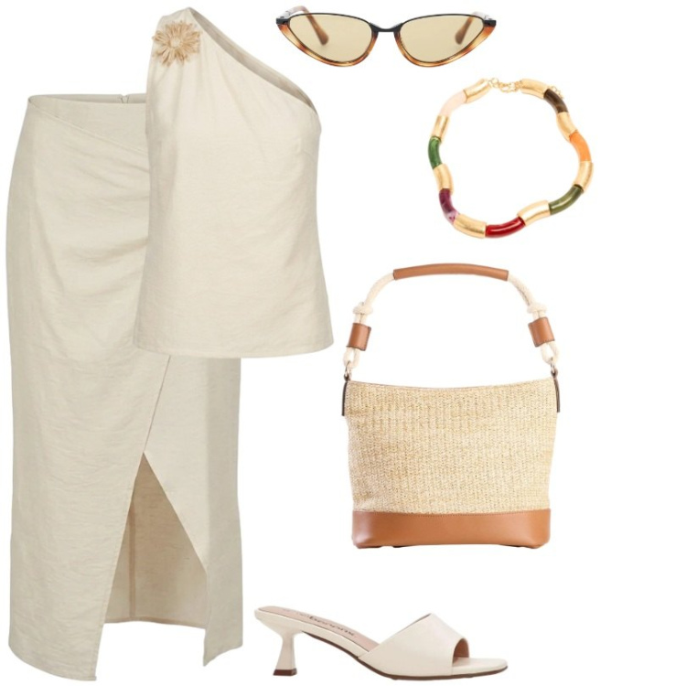 Outfit donna - Completi estivi in tessuti leggeri. Stile Chic per Tutti i giorni. Abbinamento con sandali, borse a secchiello, occhiali da sole, top, collane, gonne longuette.