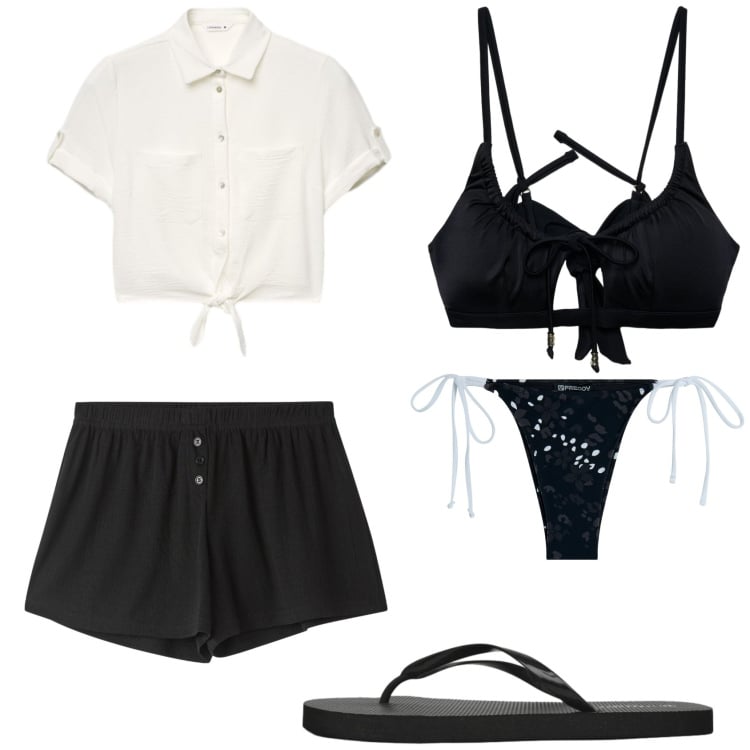Outfit donna - Camicia e bikini. Stile Basic per Mare. Abbinamento con camicie a manica corta, infradito, shorts, bikini, bikini.