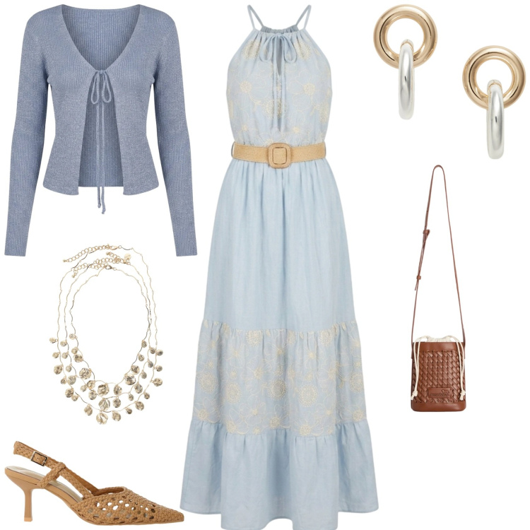 Outfit donna - Casual chic ufficio tempo libero. Stile Casual chic per Tutti i giorni. Abbinamento con décolleté, collane, borse a secchiello, vestiti lunghi, cardigans, orecchini.