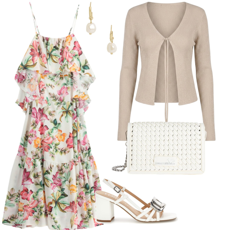 Outfit donna - Un abito fiorito. Stile Casual chic per Serata fuori. Abbinamento con borse a tracolla, vestiti lunghi, orecchini, cardigans, sandali in pelle.