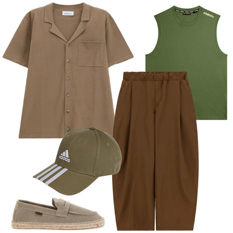 Outfit uomo - Look anti-afa. Stile Casual per Tutti i giorni. Abbinamento con canottiere, camicie a manica corta, pantaloni a palazzo, cappelli con visiera, espadrillas.