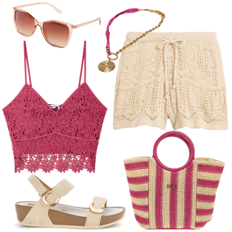 Outfit donna - Crochet summer. Stile Chic per Mare. Abbinamento con occhiali da sole, shorts, top, ciondoli, borse a mano, sandali.