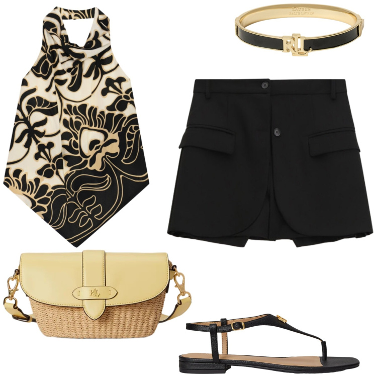 Outfit donna - Il top trendy. Stile Trendy per Tutti i giorni. Abbinamento con shorts, top, braccialetti, borse a tracolla, sandali in pelle.