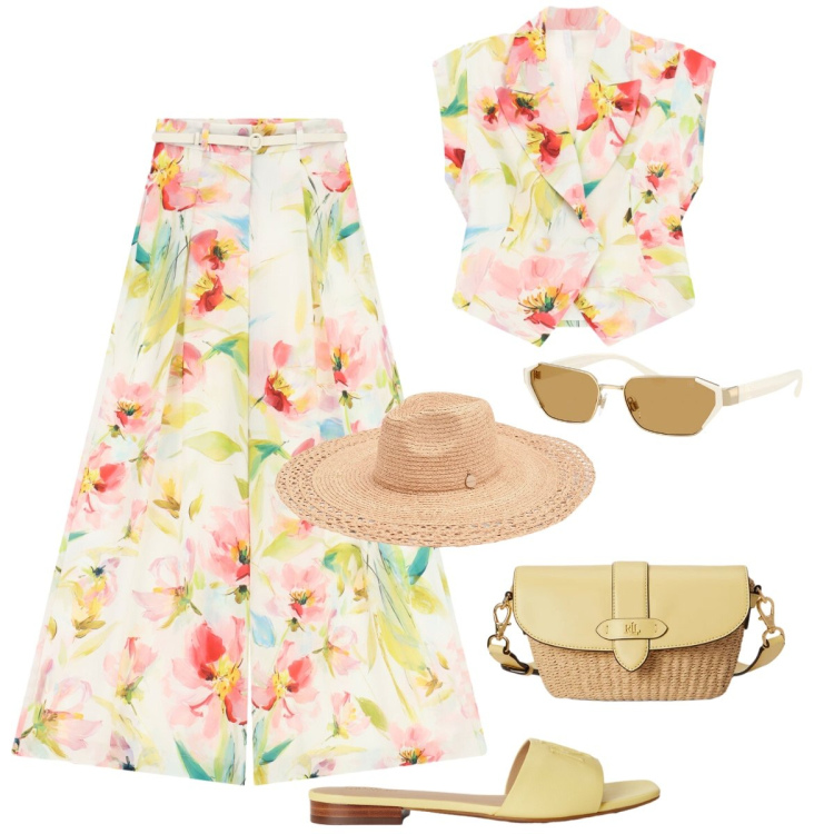 Outfit donna - Estate acquerellata. Stile Casual chic per Tutti i giorni. Abbinamento con cappelli, pantaloni a palazzo, top, ciabatte, borse a tracolla, occhiali da sole.