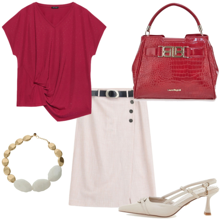 Outfit donna - Ufficio curvy Summer style. Stile Casual chic per Tutti i giorni. Abbinamento con collane, gonne longuette, t-shirt, décolleté, borse a mano.