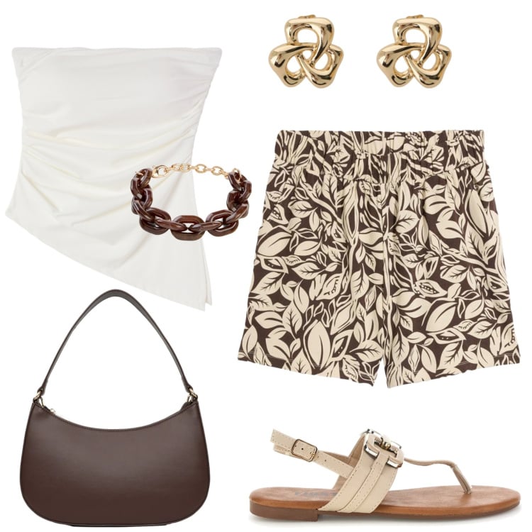 Outfit donna - Serata sul lungomare. Stile Chic per Mare. Abbinamento con braccialetti, shorts, top, borse a tracolla, orecchini, sandali.