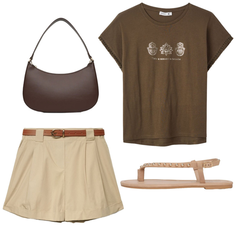 Outfit donna - Essenziale e impeccabile. Stile Basic per Tutti i giorni. Abbinamento con t-shirt, ciabatte, shorts, borse a tracolla.