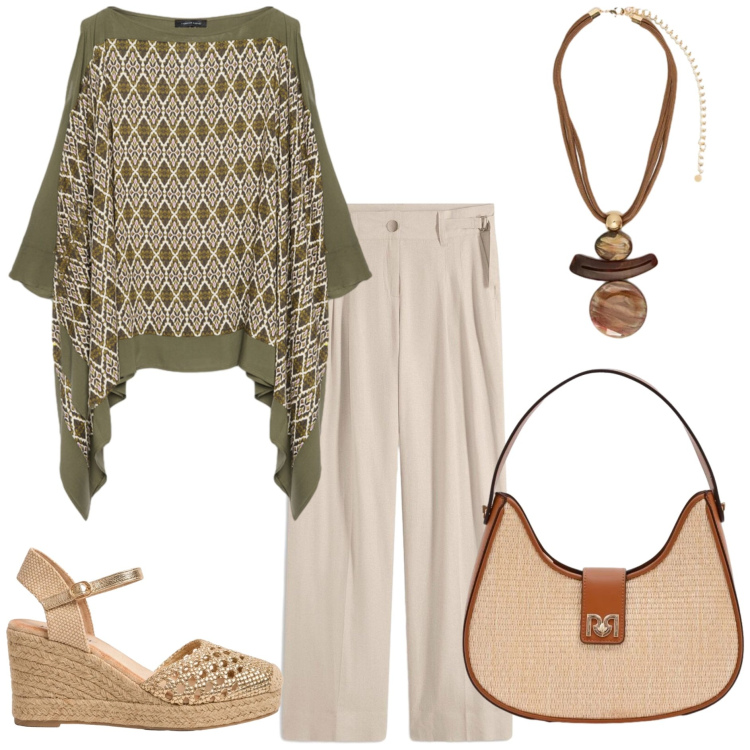Outfit donna - Curvy Summer Sale style. Stile Casual chic per Tutti i giorni. Abbinamento con pantaloni a palazzo, borse a spalla, espadrillas, bluse, ciondoli.