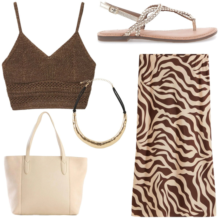 Outfit donna - Etnico. Stile Etnico per Tutti i giorni. Abbinamento con gonne longuette, collane, shopping bag, top, sandali.