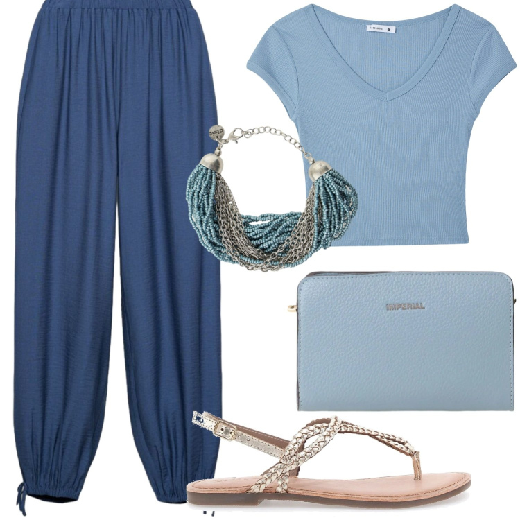 Outfit donna - I toni del blu. Stile Casual chic per Tutti i giorni. Abbinamento con t-shirt, pantaloni, braccialetti, borse a tracolla, sandali.