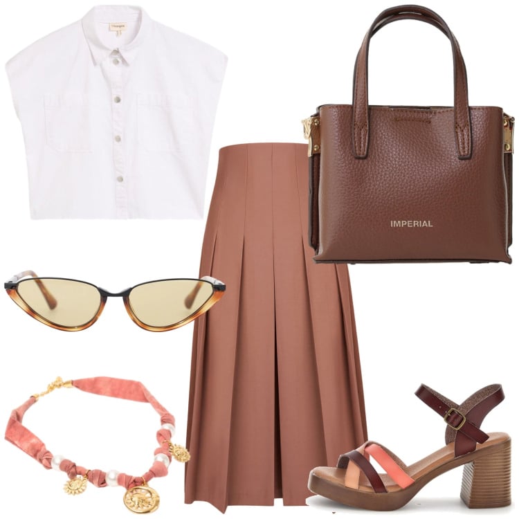 Outfit donna - Summer Sale curvy. Stile Casual chic per Tutti i giorni. Abbinamento con camicie a manica corta, borse a tracolla, occhiali da sole, collane, gonne longuette, sandali col tacco.