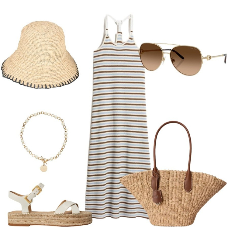 Outfit donna - Total look #2428069. Stile Casual chic per Mare. Abbinamento con cappelli con visiera, collane, occhiali da sole, borse tote, espadrillas, vestiti lunghi.