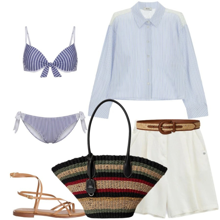 Outfit donna - Total look #2428074. Stile Casual chic per Mare. Abbinamento con bikini, sandali in pelle, bermuda, camicie, borse tote, cinture.