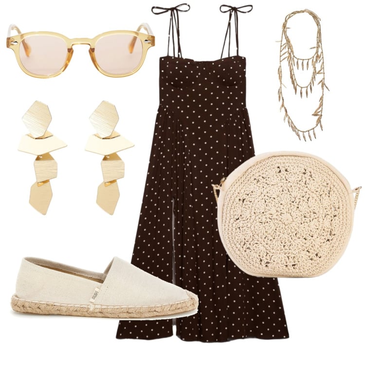 Outfit donna - Total look #2428076. Stile Boho per Tutti i giorni. Abbinamento con borse a tracolla, vestiti lunghi, occhiali da sole, collane, orecchini, espadrillas.