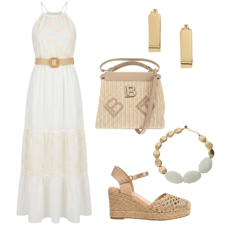 Outfit donna - Sere d’estate bianco/oro. Stile Boho per Serata fuori. Abbinamento con collane, vestiti lunghi, espadrillas, orecchini, borse a tracolla.