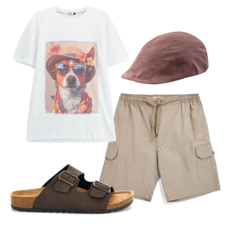 Outfit uomo - Total look #2428082. Stile Trendy per Tutti i giorni. Abbinamento con cappelli con visiera, t-shirt, bermuda, sandali.