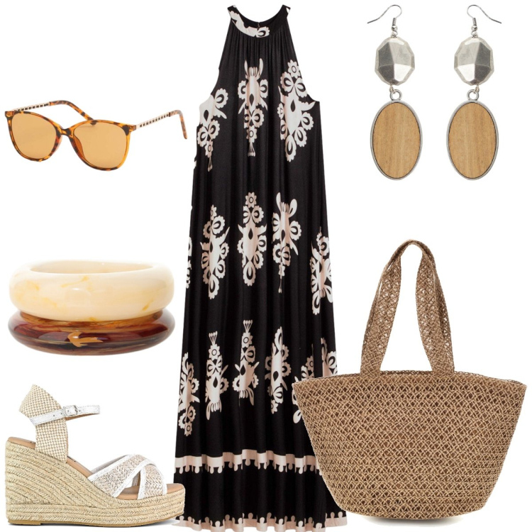 Outfit donna - Total look #2428089. Stile Boho per Tutti i giorni. Abbinamento con vestiti, braccialetti, orecchini, occhiali da sole, zeppe, borse a spalla.